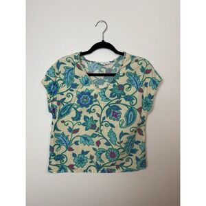 Emily‎ Daniels Linen Blend Short Sleeve Lace Trimmed Floral Top size S